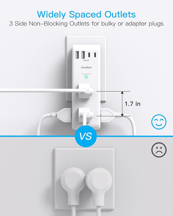 Surge Protector Outlet Extender with Rotating Plug, Multi Plug Wall Outlet 2C2A, 1 Pack White
