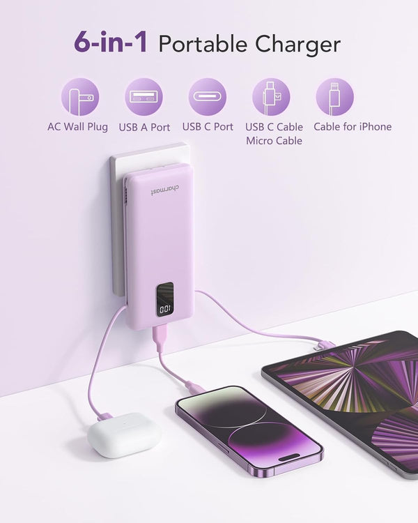 charmast Portable Charger with Built-in Cables & Wall Plug, 10000mAh Portable Power Bank, External Battery Pack Travel Essentials Compatible with