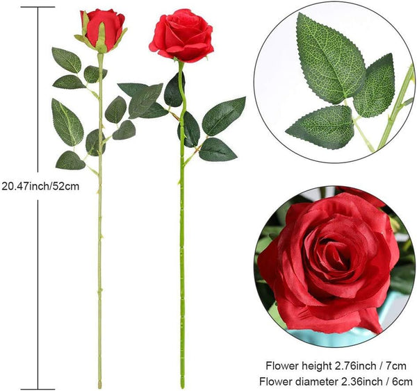 Hawesome 12PCS Artificial Silk Flowers Realistic Roses Bouquet Long Stem for Home Wedding Decoration Party (Red, 6 Flowers 6 Buds) Red 6 Flowers 6