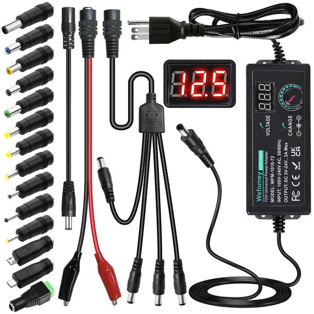 Universal Power Supply 3V~24V 3A 72W Adjustable Variable 3V 5V 9V 12V 18V 20V 24V AC/DC Adapter Charger, 100V-240V AC to
