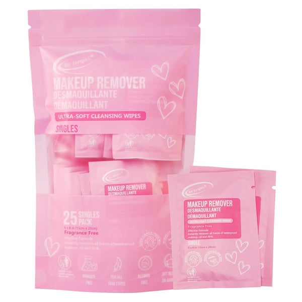 Air Jungles Pink Micellar Makeup Remover Wipes 25 Ct, Individually Wrapped | Travel Size Facial Cleansing Wipes With Vitamin E, Gentle For