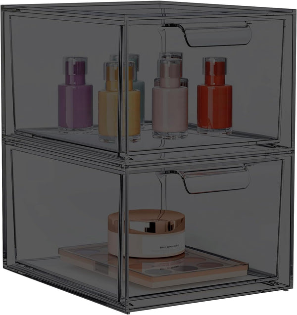 SpaceHacks 2 Pack Stackable Makeup Organizer and Storage, Acrylic Organizers，Clear Plastic Storage Drawer with Pull-Out Handles for Vanity,