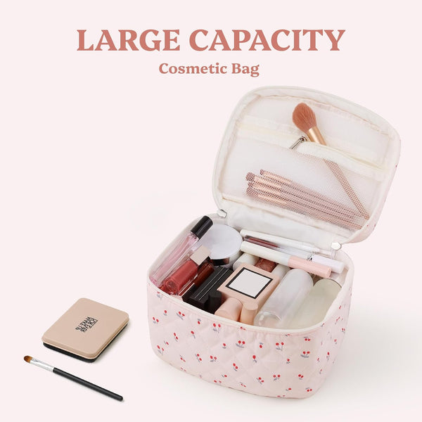 Prite Quilted Makeup Bag Travel Toiletry Organizer for Women (Cherry)