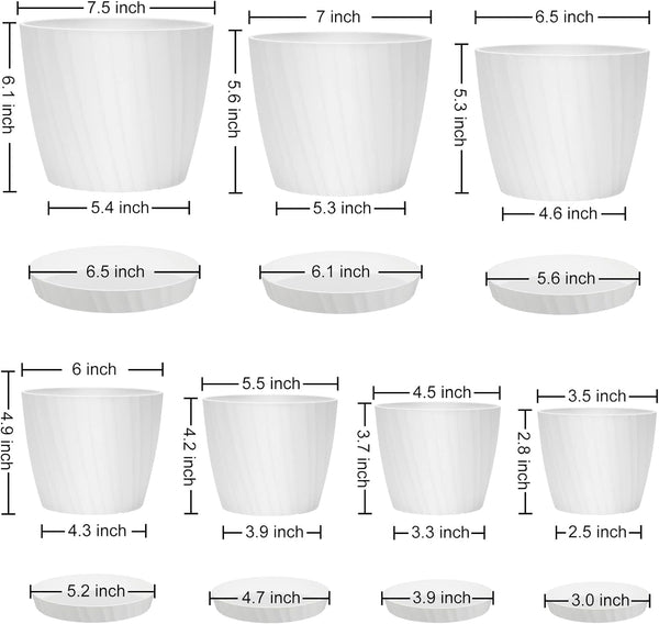 YNNICO 7 pcs Plant Pots with Drainage Holes and Saucers, Indoor Planters, Set of 7 (7.5, 7, 6.5, 6, 5.5, 4.5, 3.5 Inches), White