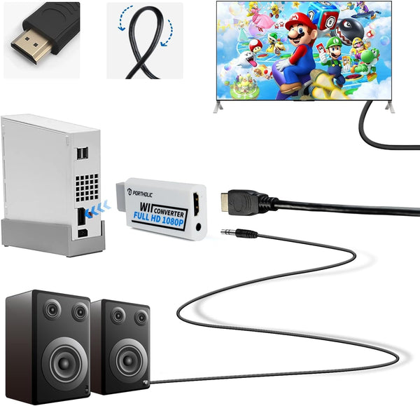 PORTHOLIC Wii to HDMI Converter 1080P with 5FT/1.5M High Speed HDMI Cable Wii2 HDMI Adapter Video&Audio with 3.5Mm Jack Audio, Support All Wii