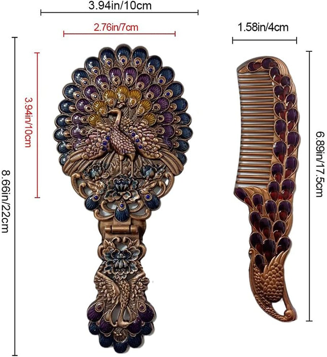 Rayberro Vintage Handheld Mirror with Comb Set, Metal Embossed Peacock Vintage H