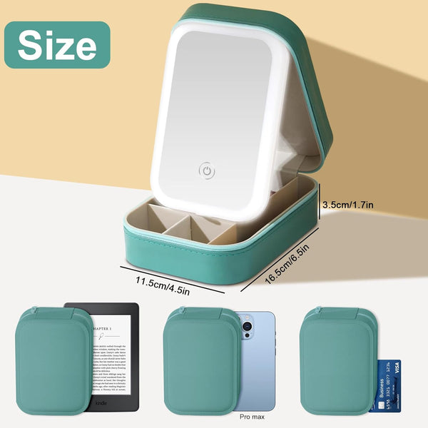 Small Travel LED Makeup Mirror Case with 3 Adjustable Color Light Settings, Dust-Proof Jewelry Box, Mini Cosmetic Train Case Ideal for Short Trips