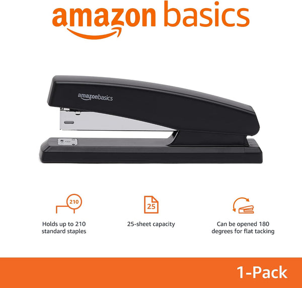 Amazon Basics Office Stapler with 1000 Staples, 25 Sheet Capacity, Non-Slip, Black, Home Office 1-Pack Stapler and 1000 Staples