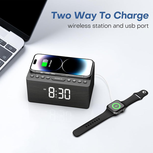 ANJANK Wooden Bluetooth Speaker Alarm Clock with Fm Radio, Wireless Charging Station for iPhone/Samsung, USB Charger Port, Dimmable Display, Sleep