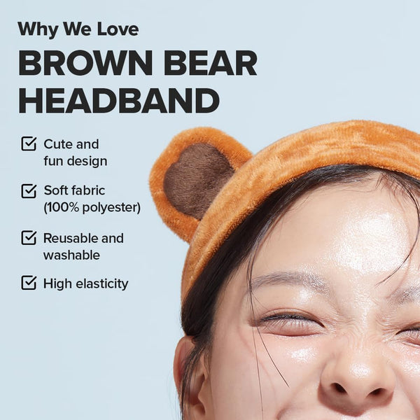 I DEW CARE Face Wash Headband - Brown Bear | Animal Head band for Face Washing & Skincare, Spa Day, Soft & Fuzzy, Cute for Makeup, Shower, Teen