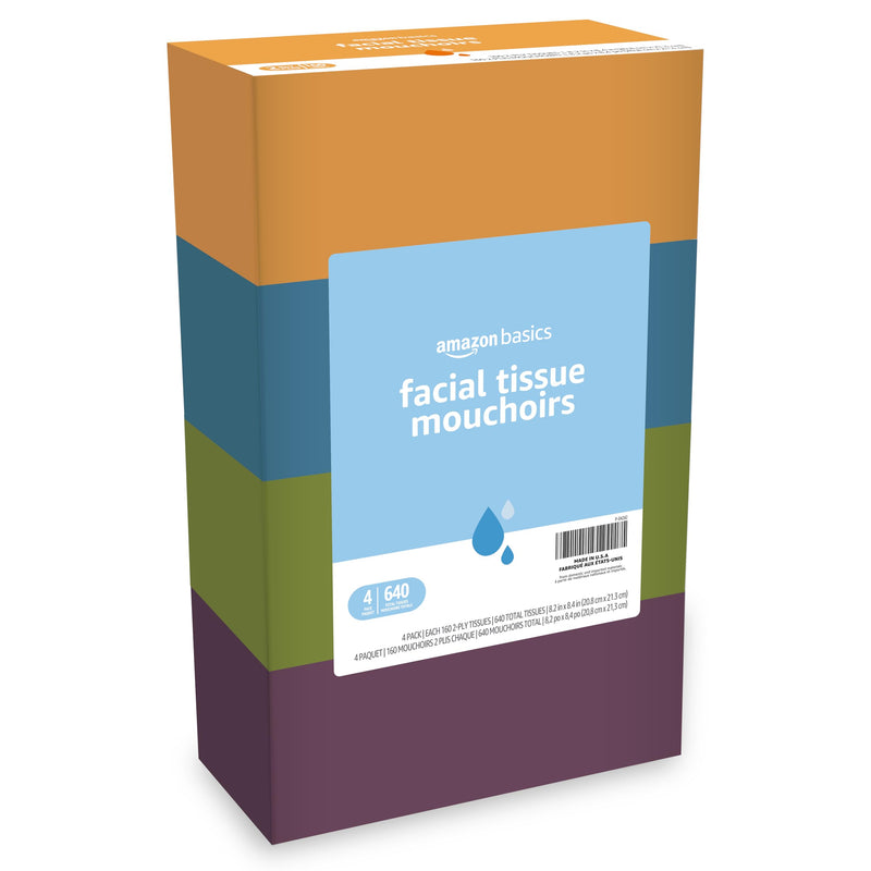 Amazon Basics Facial Tissue, 2-Ply, 160 Tissues per Box, 4 Boxes (640 total) (Previously Solimo) 160 Count (Pack of 4)
