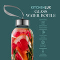 Kitchen Lux 16 Ounce Glass Water Bottles, Reusable Water Bottles with Airtight, Pack of 6, Stainless Steel Lids Carrying Strap And Nylon Water