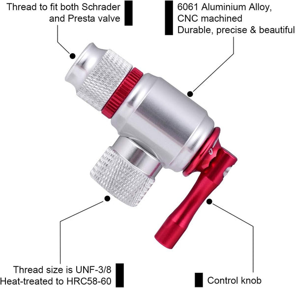 CO2 Bike Tire Inflator, Quick & Easy Presta and Schrader Valve Compatible Bicycle Pump for Road and Mountain Bikes Include Sleeve and No CO2