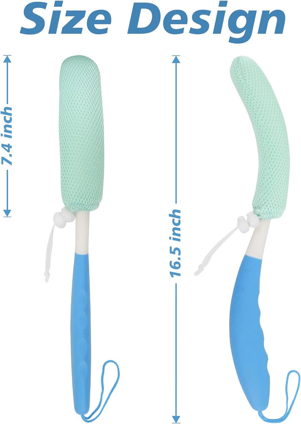 15.35" Back Bath Brush with Sponge,Back Scrubber Bath Mesh with Curved Long Handle Bath Body Brush for Elderly Aid Bathing and Shower Black+Pink