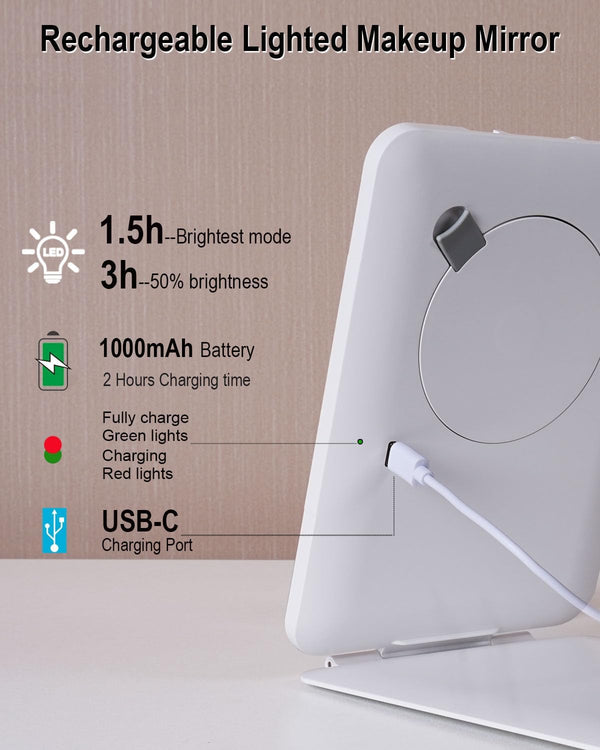 Rechargeable Travel Mirror with Light 7x5 Inch 1x/10x-white