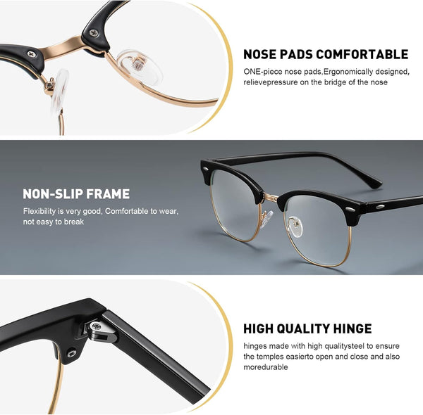 Blue Light Blocking Glasses Anti Eyestrain Computer Gaming Glasses | Vintage Half Frame UV Clear Lens for Women Men A02-black Gold Frame 1 Pack
