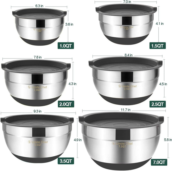 Umite Chef Mixing Bowls with Airtight Lids，6 piece Stainless Steel Metal Nesting Storage Bowls, Non-Slip Bottoms Size 7, 3.5, 2.5, 2.0,1.5, 1QT,