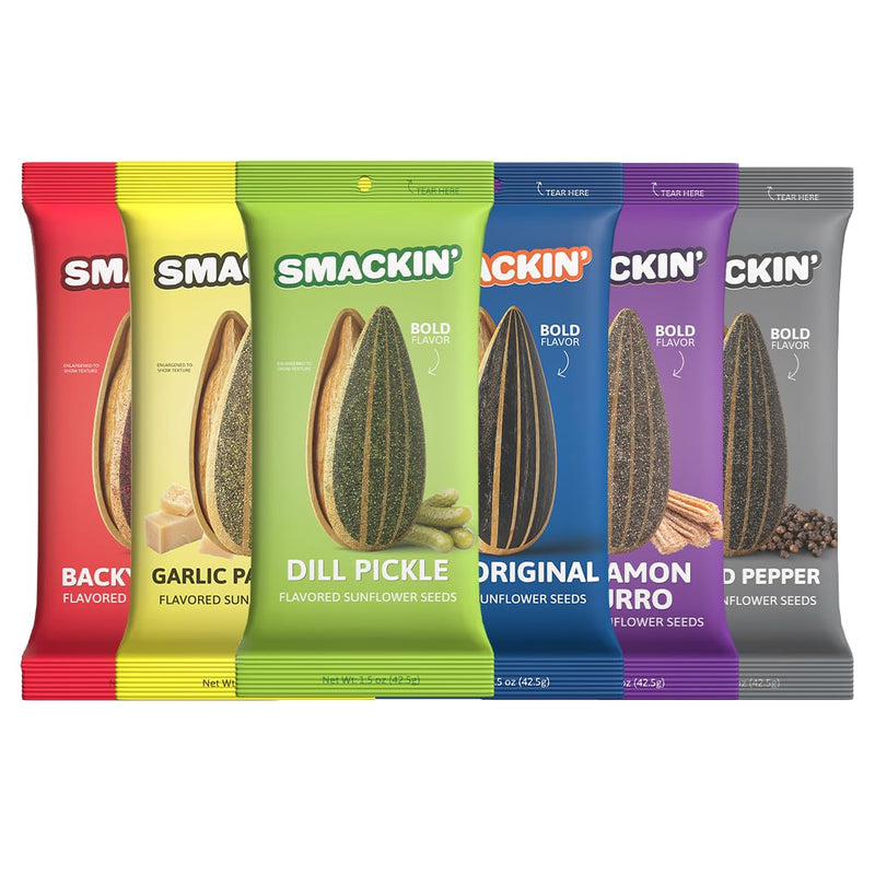 SMACKIN' Sunflower Seeds, Roasted Jumbo Small-Batch, American Made - 6 Flavor Variety. 1.5oz bags (6 Bags) Variety 1.5 Ounce (Pack of 6)