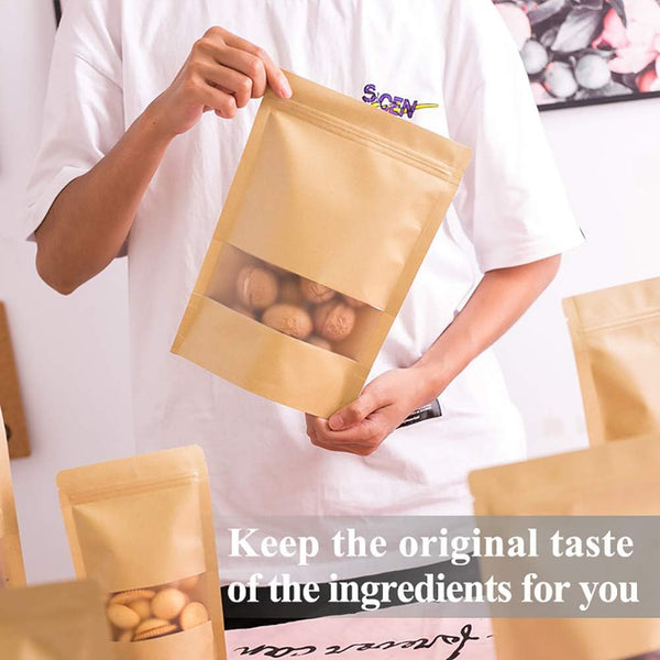 50Pcs Resealable Kraft Paper Stand Up Pouches with Window - 3.5" x 5.5" Small Food Storage Bags with Zip Lock - Heat Sealable Brown Paper Bags for