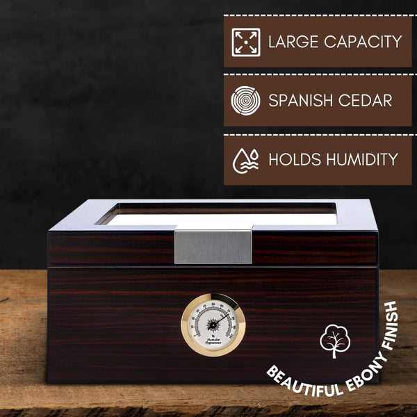 Premium Cigar Humidor for 25-50 Cigars - Elegant Humidor Humidor with Hygrometer and Humidifier - Cedar Lined Cigar Box for Optimal Humidity