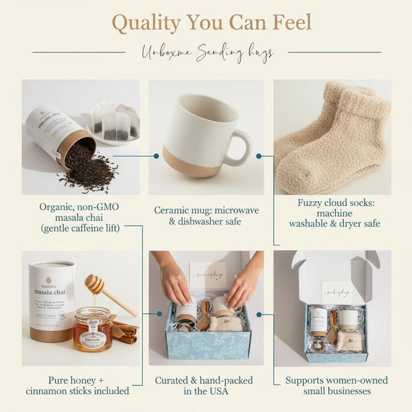 Unboxme Mother'S Day Tea Lover'S Basket - Self-Care Box with Cozy Socks, Ceramic Mug, Chai Tea, Honey & Cinnamon | Relaxation Package for Women,