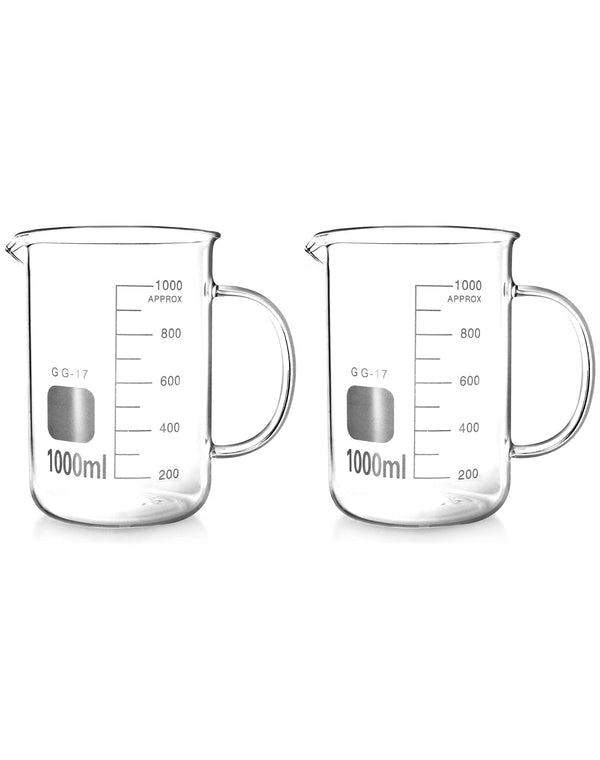 QWORK Beaker with Handle, 1000ml/33.81oz, Measuring Cup, Borosilicate Glass, Beaker Mug with Pouring Spout, 2 Pack