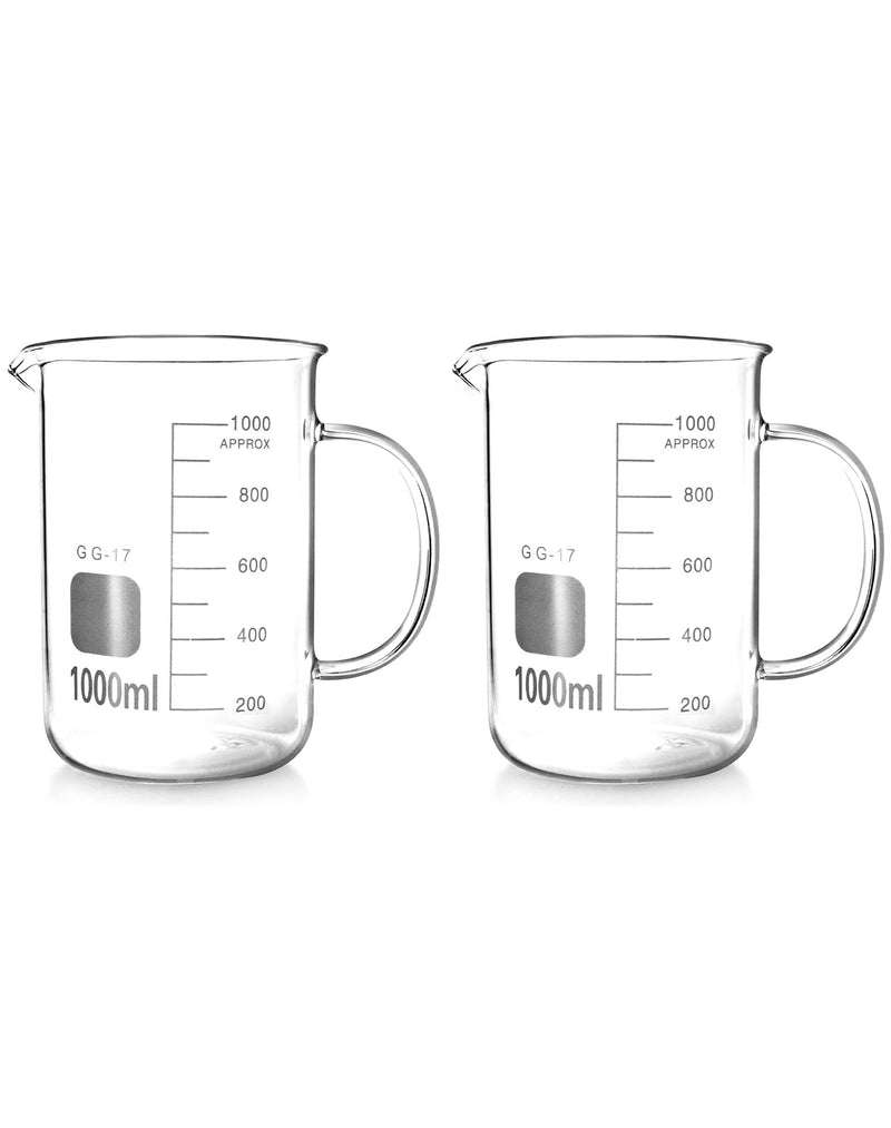 QWORK Beaker with Handle, 1000ml/33.81oz, Measuring Cup, Borosilicate Glass, Beaker Mug with Pouring Spout, 2 Pack