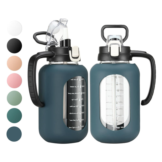 64 Oz Glass Water Bottle with Straw and Handle Half Gallon Water Jug with Silicone Sleeve Large Water Bottle for Office,