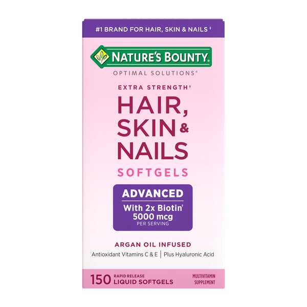 Nature'S Bounty Advanced Hair, Skin & Nails, Argan-Infused Vitamin Supplement with Biotin and Hyaluronic Acid, 150 Rapid Release Softgels, 50