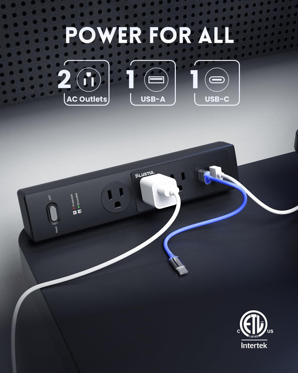 PLUGTUL Desk Clamp Power Strip 6FT, Outlet Station with 3 Outlets, PD 20W Fast Charging, Flat Plug, 14 Gauge, 980J Surge Protector, Black Power