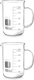 QWORK Beaker with Handle, 1000ml/33.81oz, Measuring Cup, Borosilicate Glass, Beaker Mug with Pouring Spout, 2 Pack
