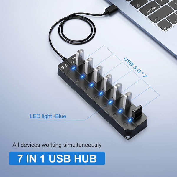 USB Hub 7 Port, USB Splitter with Individual On/Off Switches and Lights. Black