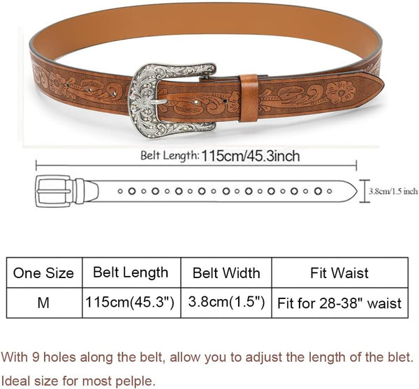 FGSS Women-Western-Leather-Belts - Vintage-Western-Cowboy Embossed-Belts with Retro-Engraved-Buckle for Jeans Pants Brown-carved Belt Fit for