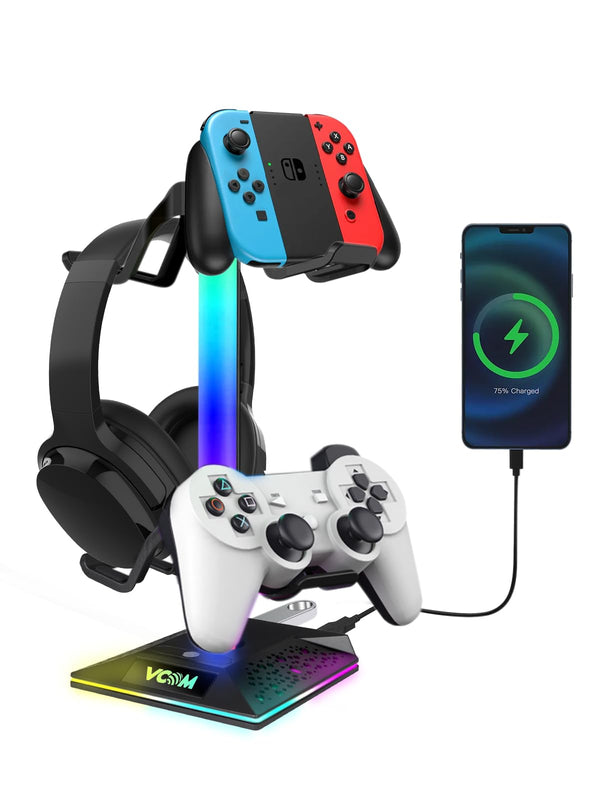 RGB Gaming Headphones Stand with 2 USB Ports Headset Stand with 10 Light Modes and Non-Slip Rubber, Suitable for All Earphone Accessories, Best