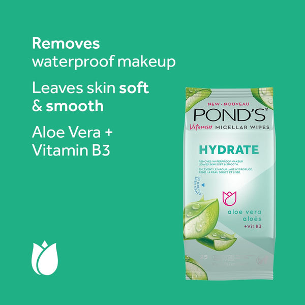 POND'S Vitamin Micellar Makeup Remover Wipes for Dry Skin, Skin Care Hydrating Aloe Vera Daily Face Wipes Remove Dirt, Waterproof Makeup, 25