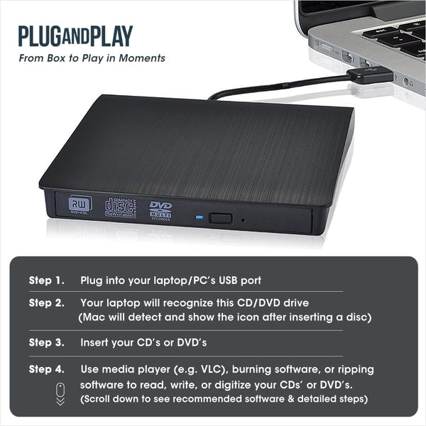 ROOFULL External CD DVD Drive for Laptop, USB 3.0 Type-C Portable CD/DVD Player Burner Reader Writer Adapter for Windows 11/10 Computer Mac