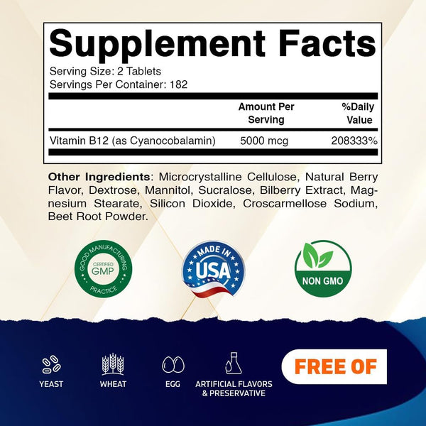 Vitamatic Vitamin B12 5000 Mcg â 365 Fast Dissolve Tablets Berry Flavor â Supports Energy Production & Nervous System Health â Non-Gmo,
