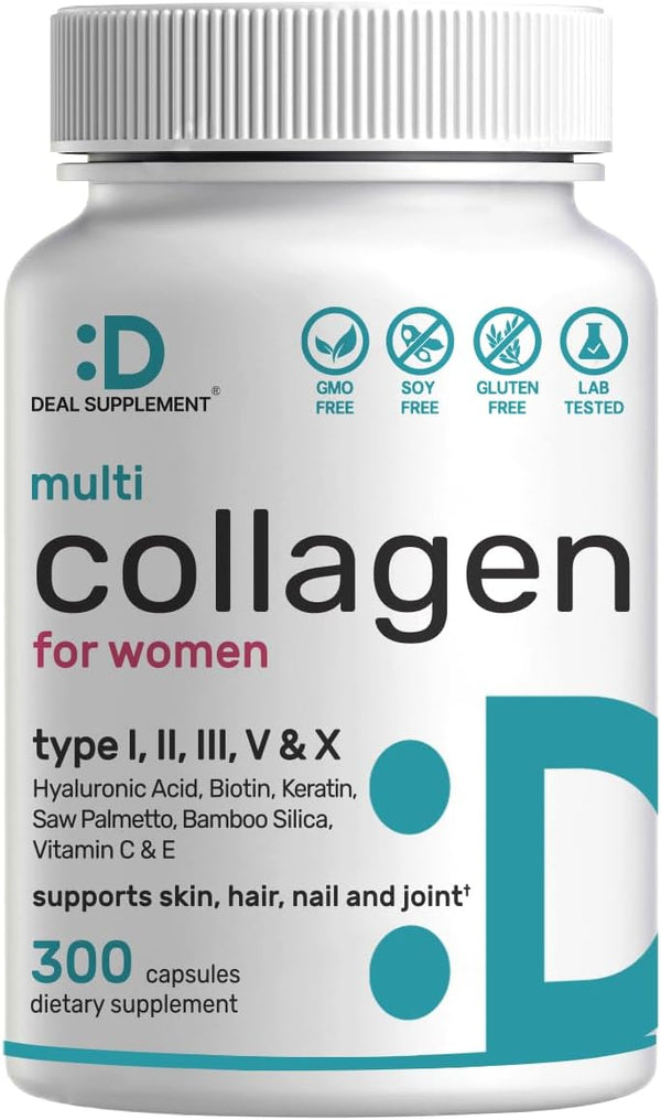 Multi Collagen Pills with Vitamin C, E & Biotin, 300 Capsules â Hydrolyzed Collagen Peptides â 11 in 1 Formula with Saw Palmetto, Bamboo Silica, &