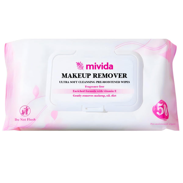 Mivida Hypoallergenic Makeup Remover Wipes | Daily Cleansing Facial Towelettes with Vitamin E for Sensitive Skin | 50 Count Fragrance-Free,