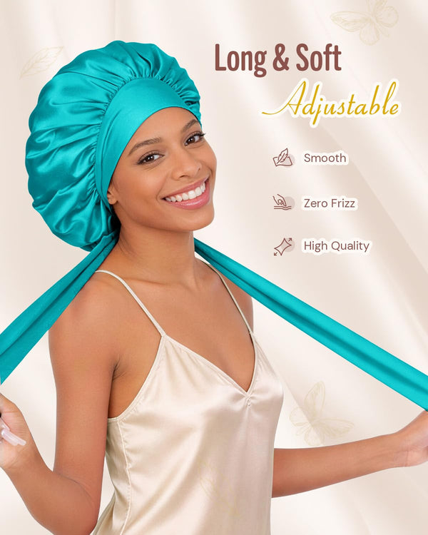 BONNET QUEEN Double Layer Silk Bonnet for Sleeping for Women Satin Lined Bonnet Night Cap for Curly Hair with Tie Band, Single Layer, Aqua Blue