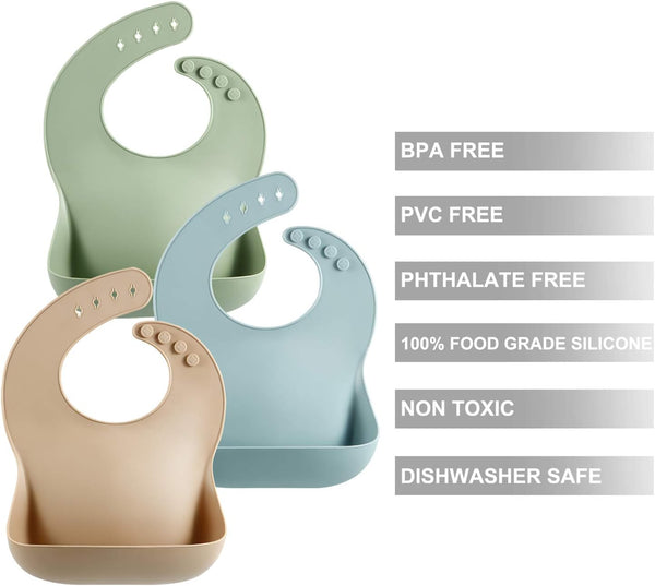 PandaEar Set of 3 Silicone Baby Bibs Waterproof, Soft, Unisex, 10-72 Months Brown/Blue/Green