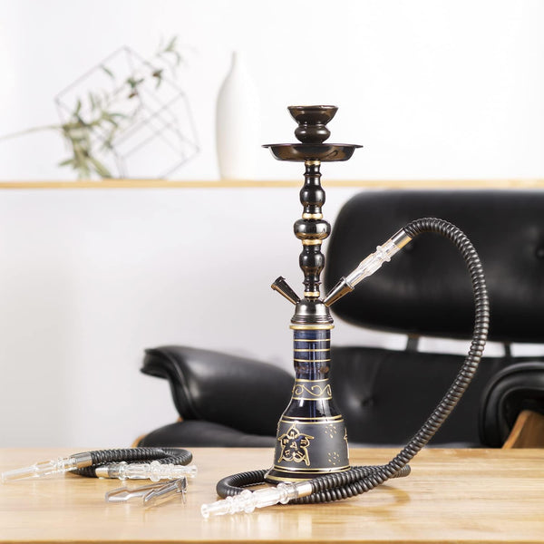 20" Hookah set - 2 Hose Premium Shisha Hookah Kit with Glass Vase, Ceramic Bowl and Coal Tongs Ashtray for Better Shisha Narguile Smoking (Black)