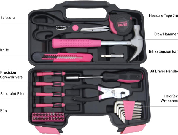 Hantinstom 39-Piece Household Tools Kit Essential Home Repair Set with Plastic Toolbox Ideal for College Students, Home Use & More 39pcs-PINK