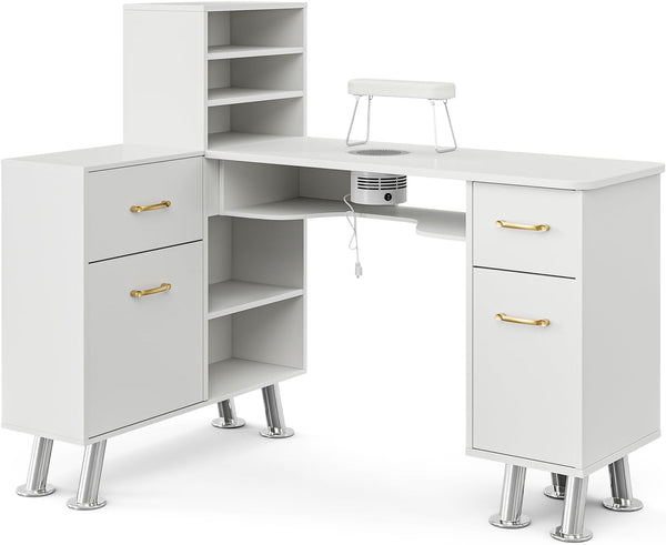 Paddie L-Shaped Manicure Table Nail Station with Shelves, Nail Tech Table Nail Table Station W/Dust Collector, Storage Cabinets, Drawers, Metal