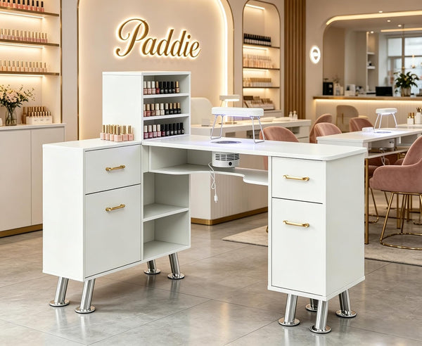 Paddie L-Shaped Manicure Table Nail Station with Shelves, Nail Tech Table Nail Table Station W/Dust Collector, Storage Cabinets, Drawers, Metal
