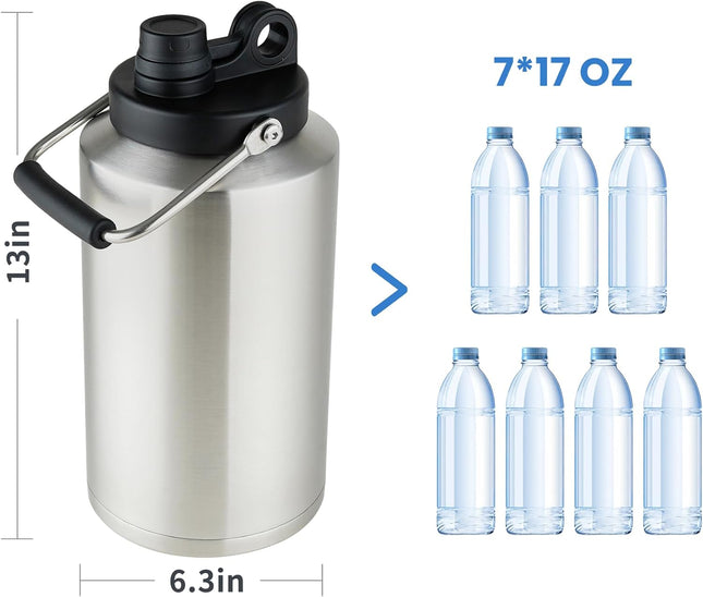1 Gallon Water Bottle Insulated Stainless Steel Keeps Ice 48Hr, Large Water Gallon Jug Wide Mouth Leakproof Vacuum for Gym, Camping, &
