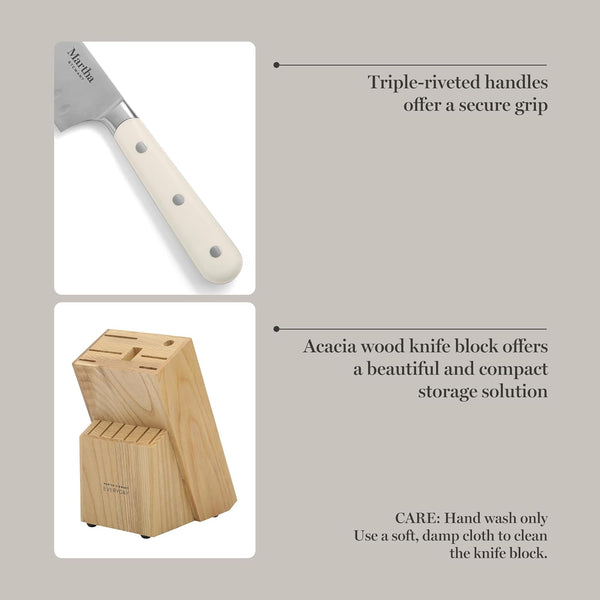 MARTHA STEWART Eastwalk 14 Piece High Carbon Stainless Steel Cutlery Kitchen Knife Block Set w/ABS Triple Riveted Forged Handle Acacia Wood Block