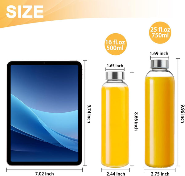 GUANENA 12 Pack Glass Water Bottles, 16oz Clear Glass Bottles with Stainless Steel Lids, Reusable Glass Drink Bottles with Caps for Juicing,