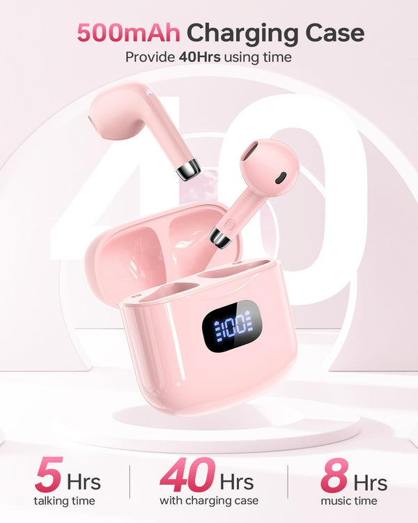 Wireless Earbuds Bluetooth 5.3 Headphones, 40Hrs Playback Stereo Ear Buds with LED Display Charging Case IPX7 Waterproof in-Ear Earphones with Mic