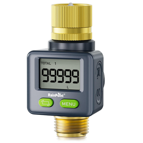 RAINPOINT Water Flow Meter with Brass Inlet & Outlet, 180° Screen-Flip Water Meter, Measure Gallon/Liter Consumption for RV Filling, Garden